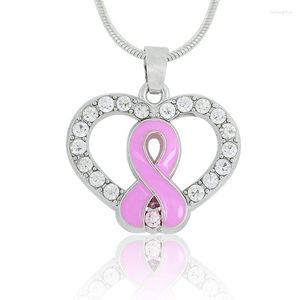 Hanger kettingen heldere strass roze lint hart ketting voortreffelijk kristal borstkanker bewustzijn sieraden geschenk groothandel