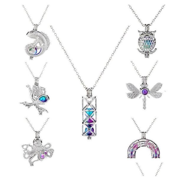 Pendentif Colliers Colorf Perle Cage Lézard Sirène Libellule Hibou Octopus Cylindre Arc Pont Charme Animal Pour Les Femmes Bijoux De Mode D Dhwyi