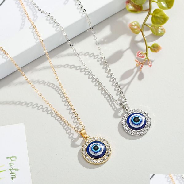 Colliers pendants colorf turcs cristal baux Eyes bleu collier or couleur sier 14 mm Geométrique Circar Clavicule Lucky Protectio Dhlf6
