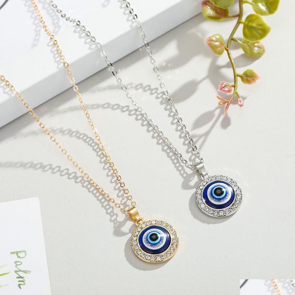 Pendentif Colliers Colorf Turc Cristal Evil Blue Eyes Collier Or Sier Couleur 14mm Géométrique Circar Coin Clavicule Chanceux Protectio Dhng5