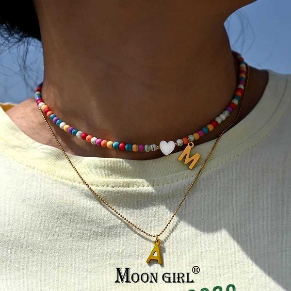 Colliers pendentifs perles colorées tour de cou Initial pour femmes en acier inoxydable lettre pendentif collier mode coquille coeur bijoux Boho accessoires 240330