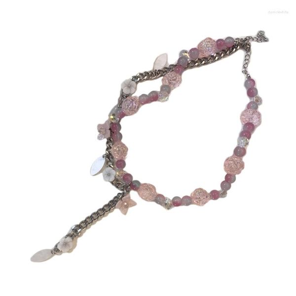 Collares pendientes Collar de flores de cristal colorido Gargantilla de cuentas hecha a mano Gargantilla de dos capas Cadena de flecos Joyería de clavícula para mujeres