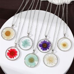 Hanger Kettingen Kleurrijke Eeuwige Daisy Bloem Plant Ketting Voor Vrouwen Boho Ronde Kunstmatige Gedroogde Choker Sleutelbeen Bruiloft Sieraden