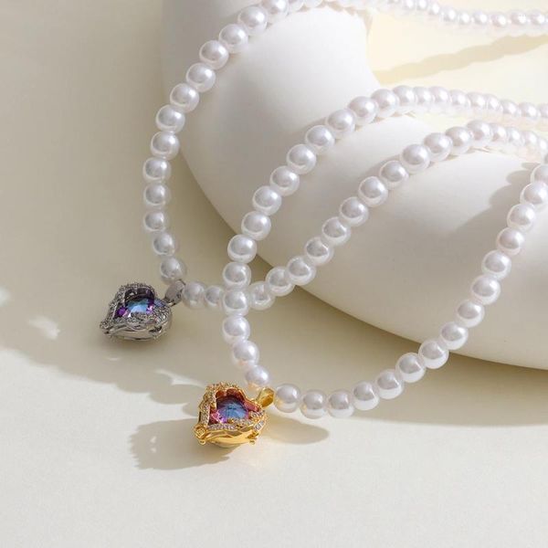 Collares colgantes colorido océano corazón perla para mujeres moda femenina joyería de boda niñas encanto gargantilla cadena regalo de fiesta