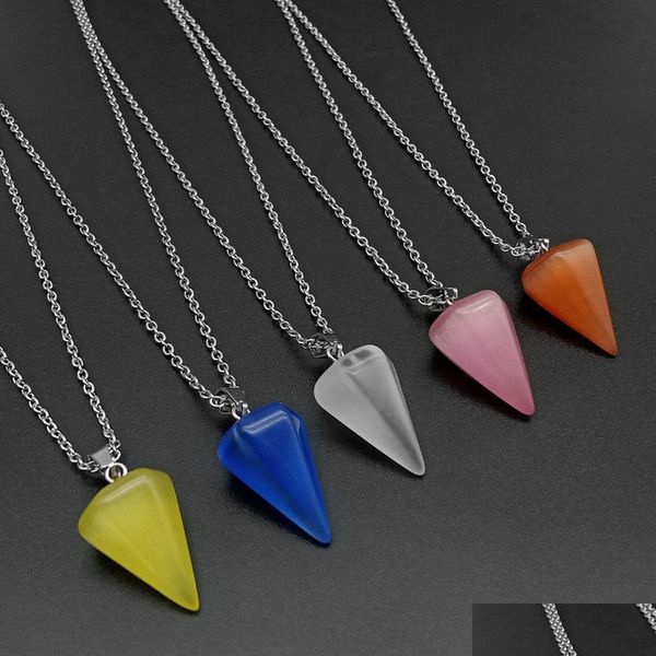 Collares pendientes Cono Ojo de gato Ópalo Collar de péndulo de cristal Chakra Joyería curativa Para Mujeres Hombres Colgantes de entrega de gota Dhp1J