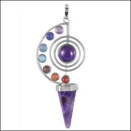 Pendentif Colliers Cône Forme Pierre Naturelle Pendum Cristal Yoga 7 Chakra Spirale Pendentif Hexagonal Améthyste Reiki Guérison Pendums Jewe Dhtvr