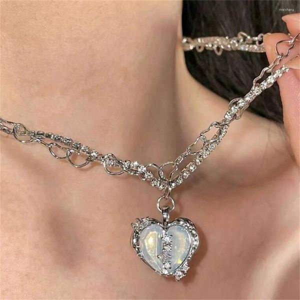 Collares pendientes Cool Opal Split Love Heart Shiny Zircon Cadenas para mujeres Egirl Girlfriend Korean Sweet Fashion Party Jewelry