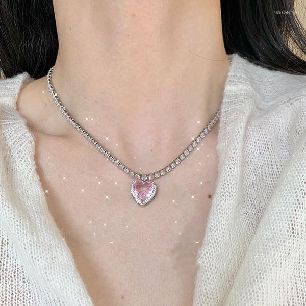 Collares pendientes Cool Pink Heart Y2K Collar para mujeres amantes Rhinestione Clavicle Chain Chocker Mujer Crystal Moonstone Jewlery Regalos