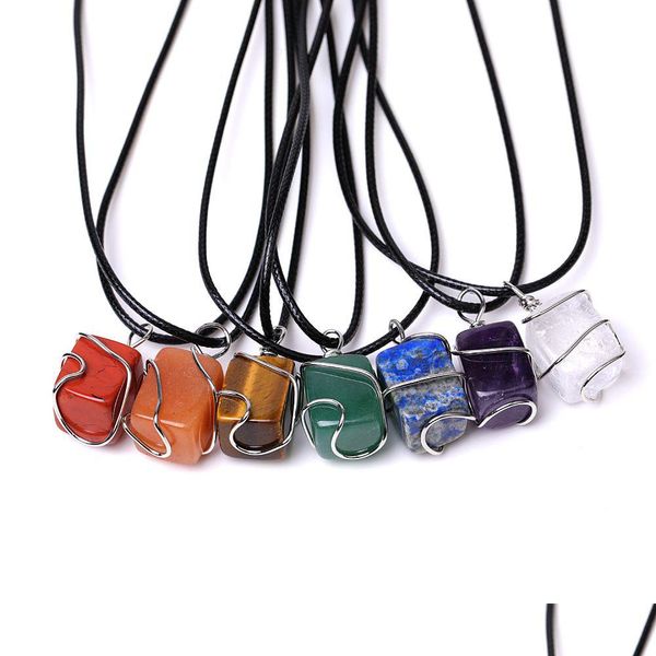 Collares pendientes Alambre de cobre Viento Rec Piedra natural para mujeres 7 Chakra Cuarzo Curación Cristal Yoga Cadena de cuerda negra Entrega de gota J Dhtde