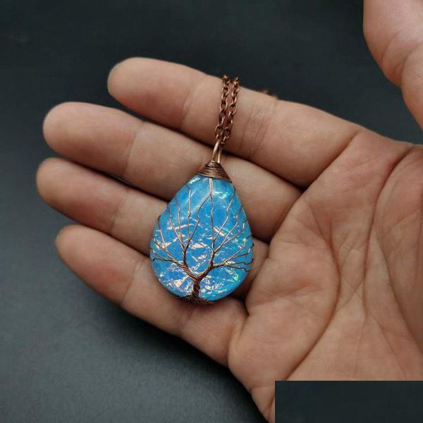 Pendentif Colliers Fil de cuivre Enroulement Goutte d'eau Arbre de vie Collier Changement de couleur Ondulation Pierre Hip Hop Bijoux Livraison Stylo DH1U7