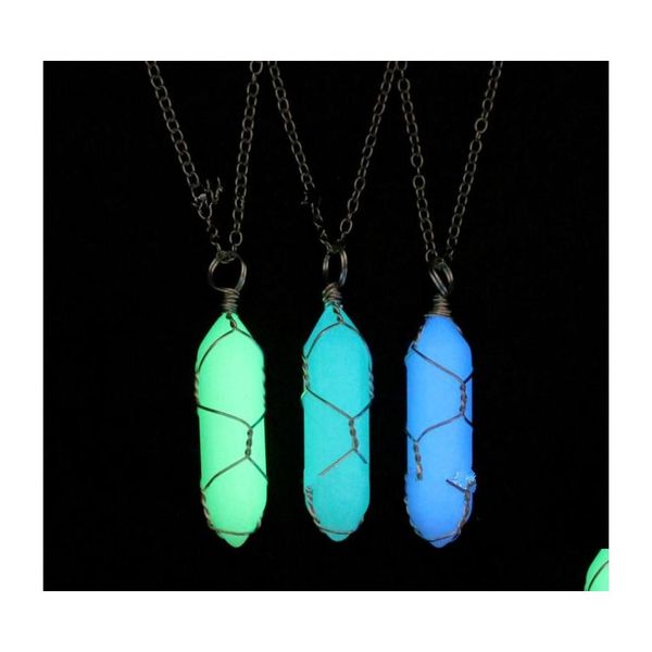 Collares colgantes Alambre de cobre Envuelto Hexágono Pendum Piedra luminosa Fluorescente Curación Cristal Joyería Moda Oro Sier Chapado Dro DHWCE