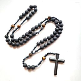 Pendentif Colliers CottvoConfirmation Communion Noir Volcanique Tiger Eye Pierre Prière Perles Chaîne Chaplet Hématite Croix Rosaire Collier