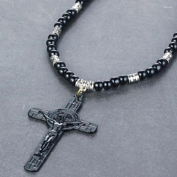 Pendentif Colliers CottvoCrucifix Jesus Cross Collier St.Benoît Médaille Chaîne de perles noires Perles chrétiennes Bijoux suspendus