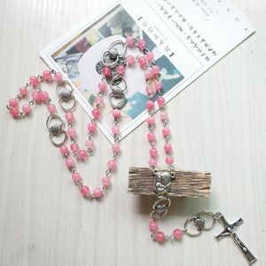 Hanger kettingen Cottvoour dame Christus Jezus Medaal Crucifix Cross Rosary ketting roze watermeloen stenen kralen ketting gebed chaplet sieraden