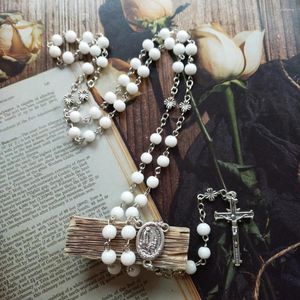 Pendentif Colliers CottvoNotre Dame de N. S. de Fatima Médaille Rosaire Collier Perles de Verre Blanc Chaîne Crucifixion Croix Prière Chaplet Bijoux