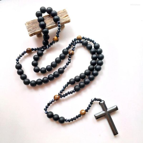 Collares colgantes CottvoReligious Hematite Cross Black Frosted Tiger Eye Stone Beads Cadena de cristal Orar Chaplet Rosario Collar Bautismo