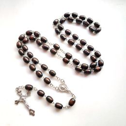 Pendentif Colliers CottvoVintage Ovale Marron Foncé Perles Chaîne Priez Chaplet Vierge Marie Médaille Catholique Crucifix Croix Chapelet Collier Bijoux