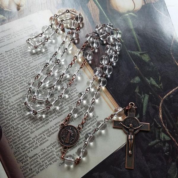 Collares pendientes CottvoPerlas de vidrio blanco Cadena Collar de rosario Color bronce Exorcismo Medalla de San Benito Crucifijo Cruz Oración Coronilla
