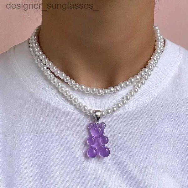 Pendentif Colliers Créatif peut gommeux ours pendentifs colliers de perles pour les femmes multicouche Imitation perle collier hommes Harajuku tour de cou bijoux L231218