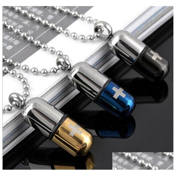 Collares pendientes Creative Can Open Pill Capse Collar Moda Cruz de acero inoxidable para mujeres y hombres Charm Couple Jewelry Drop De Dhgt8
