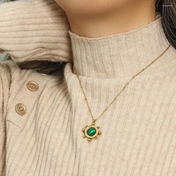 Pendentif Colliers Design Créatif Pivotant Malachite Disque Collier Délicat En Acier Inoxydable Plaqué 18K Chaîne À Maillons Pour Les Femmes