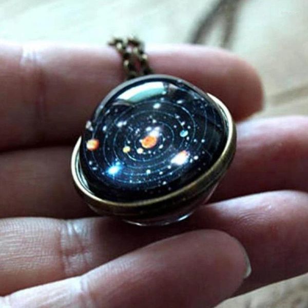 Pendentif Colliers Creative Double Face Boule de Verre Système Solaire Univers Ciel Étoilé Collier Pour Femmes Hommes Espace Galaxy Bijoux