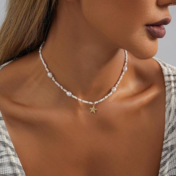Pendentif Colliers Creative Rétro Étoile Perles De Riz Irrégulière Imitation Perle Collier Pour Femmes Mode Dames Bijoux En Gros