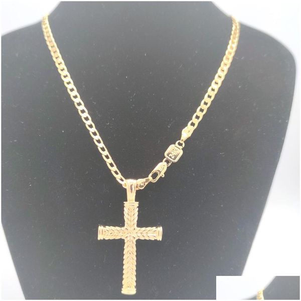 Colliers pendants cross 24 k en or solide gf charmes lignes Collier Collier Chaîne Christian Jewelry Factory Wholesalcrucifix God Gift Drop Dhrkw