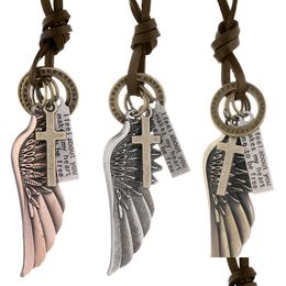 Hangende kettingen kruishoekvleugels letter hanger ketting Europese stijl lange lederen kettingen voor vrouwen mannen mode sieraden drop dhicp