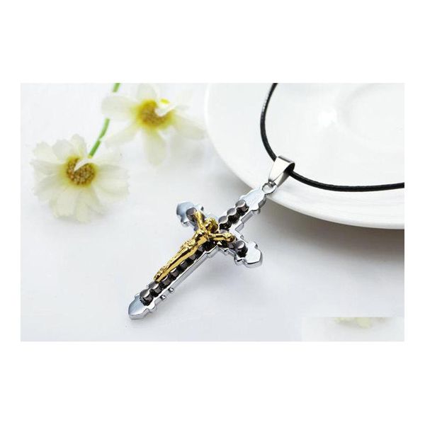 Pendentif Colliers Croix Jésus Christ Crucifix avec chaîne en cuir Collier Luckyhat Drop Livraison Bijoux Pendentifs Dhqh