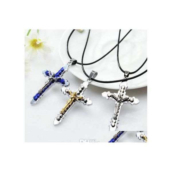 Pendentif Colliers Croix Jésus Christ Crucifix Catholique Avec Chaîne En Cuir Collier Beautif Carshop2006 Drop Delivery Bijoux Pendentifs Dhjay