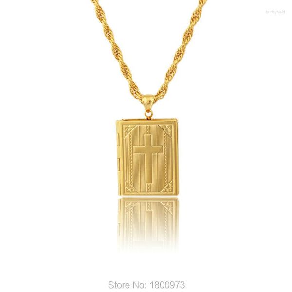 Pendentif Colliers Croix Men18K Gold Couleur Holy Bible Book Po Médaillon Collier JesusCross Bijoux pour femmes avec chaîne de 45 cm 60 cm