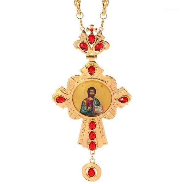 Collares pendientes Cruz Collar Circonitas Cristales Iglesia Cristiana Sacerdote Dorado Crucifijo Bautismo Ortodoxo Regalo Iconos Religiosos Pe283J