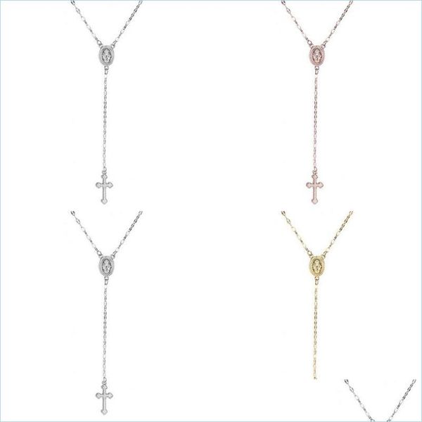 Pendentif Colliers Croix Rosaire Collier Pour Femmes Vierge Marie Religieux Jésus Crucifix Pendentif Sier Rose Or Chaînes Bijoux De Mode Dhphh