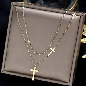 Pendentif Colliers Cross Street Style Titanium Steel Cadeau Bijoux coréens Chaîne de clavicule en métal Double couche Collier ras du cou pour femmes