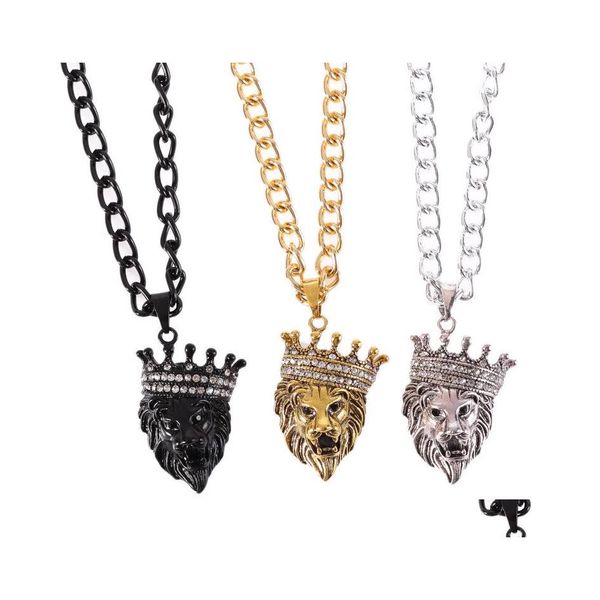 Pendentif Colliers Crossborder Supply Bijoux Marée Mâle Hiphop Personnalité Mens Collier Micro Pave Alliage Tête De Lion Couronne Drop Delive Dhklc