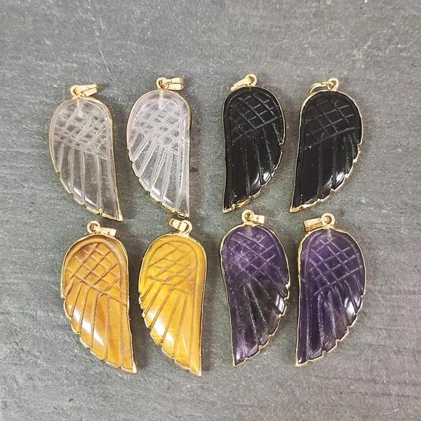 Anhänger Halsketten Kristall geschnitzter Flügel Edelstein Engel Schmuck Stein Charm Amethyst Obsidian Heilquarz Halskette Charms