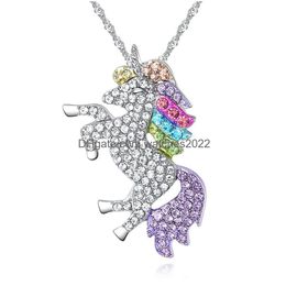 Colliers pendants Collier cristal Sier Rose Gold Chain Fashion Design Fl Righestone Horse Animals Femmes de Noël Bijoux Lovely Dhv7i