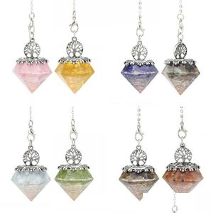 Pendentif Colliers Crystal Pendum Pendentif avec chaîne 6 facettes Guérison Pointu Arbre de vie Résine Chip Stones Reiki pour Ncing spirituel Dhlpt