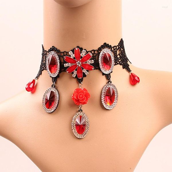 Collares pendientes Crystal Red Rose Flower Charm Necklace Gargantillas de encaje negro para novia Boda Joyería gótica Tassel Link Gargantilla Accesorios