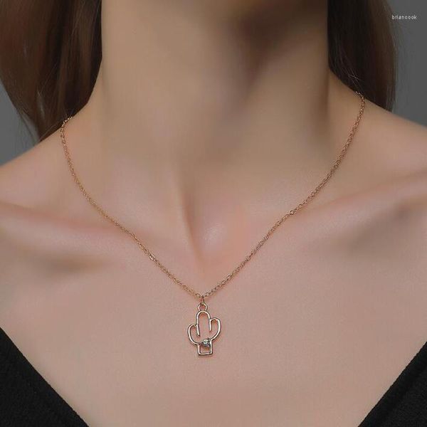 Pendentif Colliers Cristal Strass Plante Cactus Collier Pour Femmes Or Couleur Alliage Initial Clavicule Chaîne Collier Bijoux Cadeau