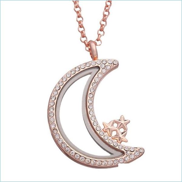 Collares pendientes Crystal Star Moon Locket flotante Collar Cadenas de oro Abrible Open Living Memory Colgante Diy Joyería de moda para Dhbey