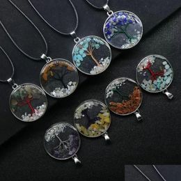 Cristal œil de tigre pierre naturelle arbre de vie collier rond verre Terrarium pendentif colliers pour femmes enfants Fas Dhx3K