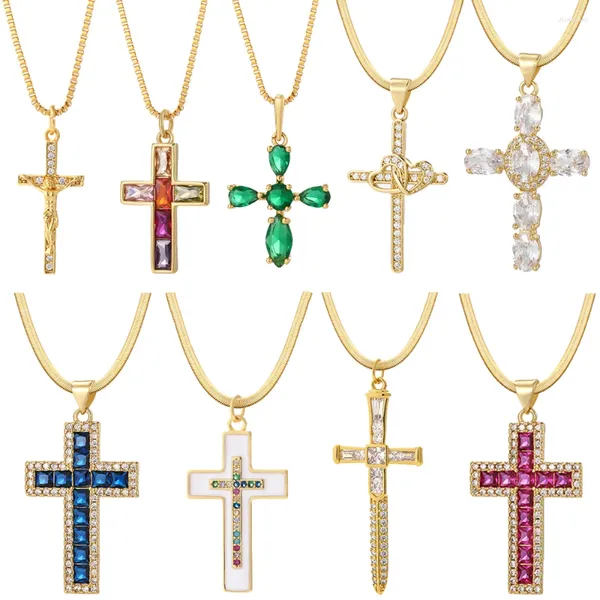 Pendentif Colliers Cristal Zircon Croix Collier Pour Femmes Bohème Jésus Or Couleur Lien Longue En Acier Inoxydable Chaînes De Serpent Colliers