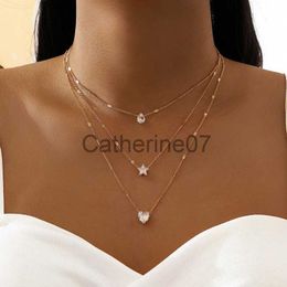 Collares pendientes Crystal Zircon Heart Star Charm Layered Pendant Necklace Set para mujeres Charms Fashion Square Rhinestone Mujer Vintage Jewelry J230809