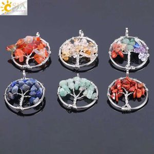 Collares colgantes CSJA Árbol de la Vida Collar Colgante Color Plata Cristal Natural Gema Piedra Chip Cuentas 7 Chakra Alambre Envuelto Joyería de Mujer F141L240104