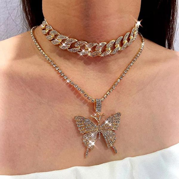 Collares pendientes Cuba 2 capas collar de mariposa grande para mujer oro plata Rosa diamante completo cristal joyería de moda