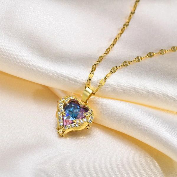Pendentif Colliers Zircone Cubique Coeur Collier En Acier Inoxydable Plaqué Or Japon Corée Bijoux