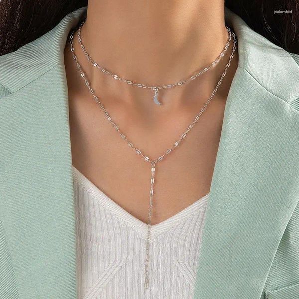 Collares colgantes Collar de cara de luna curvada Dos capas Una línea Suéter Cadena Artículo de moda para mujer