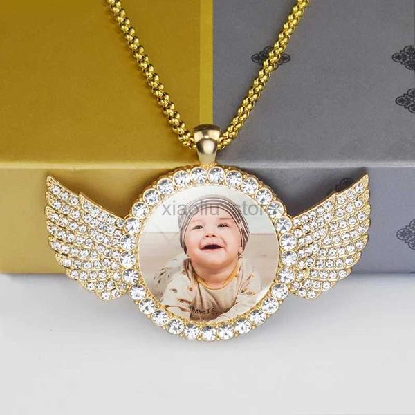 Collares colgantes Foto de bebé personalizada Colgante de alas de ángel con cadena larga Collar de diamantes de imitación Imagen de cúpula de vidrio personalizada Joyería personalizada 240401